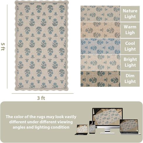 سجادة أورتيجا صدفية سهلة الجوت مقاس 3 × 5 سجادة عتيقة باللون الأزرق الزهري للمزرعة قابلة للغسل سجادة مضادة للانزلاق للاستخدام الداخلي والخارجي لغرفة المعيشة وغرفة النوم والمطبخ ومدخل الفناء in Kuwait