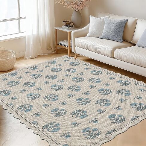 سجادة أورتيجا صدفية سهلة الجوت مقاس 3 × 5 سجادة عتيقة باللون الأزرق الزهري للمزرعة قابلة للغسل سجادة مضادة للانزلاق للاستخدام الداخلي والخارجي لغرفة المعيشة وغرفة النوم والمطبخ ومدخل الفناء in Kuwait