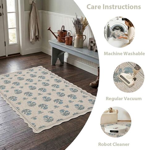 سجادة أورتيجا صدفية سهلة الجوت مقاس 3 × 5 سجادة عتيقة باللون الأزرق الزهري للمزرعة قابلة للغسل سجادة مضادة للانزلاق للاستخدام الداخلي والخارجي لغرفة المعيشة وغرفة النوم والمطبخ ومدخل الفناء in Kuwait