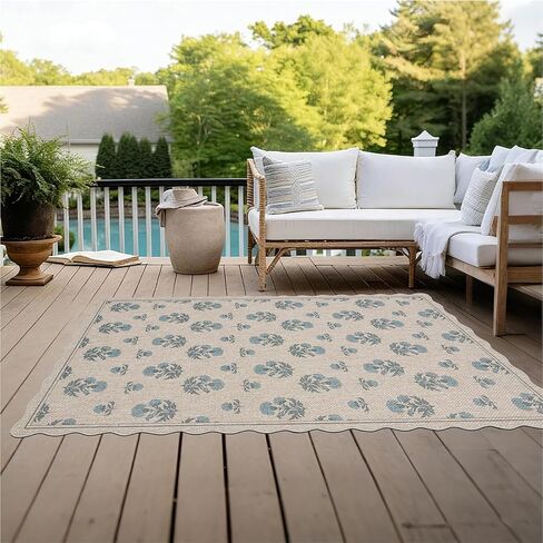 سجادة أورتيجا صدفية سهلة الجوت مقاس 3 × 5 سجادة عتيقة باللون الأزرق الزهري للمزرعة قابلة للغسل سجادة مضادة للانزلاق للاستخدام الداخلي والخارجي لغرفة المعيشة وغرفة النوم والمطبخ ومدخل الفناء in Kuwait