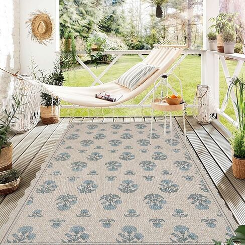 سجادة أورتيجا صدفية سهلة الجوت مقاس 3 × 5 سجادة عتيقة باللون الأزرق الزهري للمزرعة قابلة للغسل سجادة مضادة للانزلاق للاستخدام الداخلي والخارجي لغرفة المعيشة وغرفة النوم والمطبخ ومدخل الفناء in Kuwait