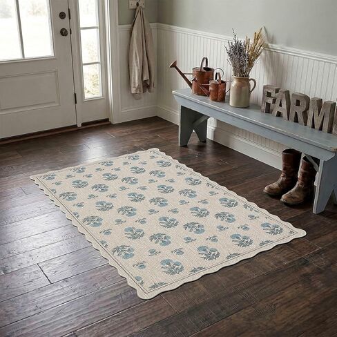 سجادة أورتيجا صدفية سهلة الجوت مقاس 3 × 5 سجادة عتيقة باللون الأزرق الزهري للمزرعة قابلة للغسل سجادة مضادة للانزلاق للاستخدام الداخلي والخارجي لغرفة المعيشة وغرفة النوم والمطبخ ومدخل الفناء in Kuwait