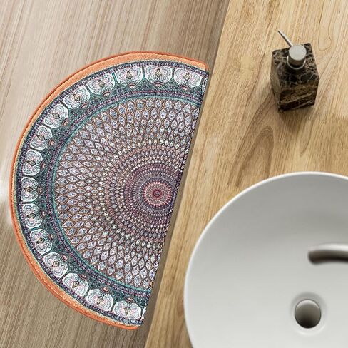 Semi Round Boho Bathmat Sun and Moon Fun Bath Mat Non Slip Washable Bathroom Decor Half Circle Bohemian Home Floor Doormat Semicircle Indoor Rug (Boho Lotus, Short Pile) in Saudi Arabia
