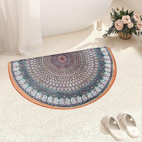 Semi Round Boho Bathmat Sun and Moon Fun Bath Mat Non Slip Washable Bathroom Decor Half Circle Bohemian Home Floor Doormat Semicircle Indoor Rug (Boho Lotus, Short Pile) in Saudi Arabia