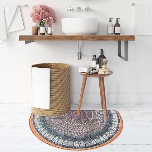 Semi Round Boho Bathmat Sun and Moon Fun Bath Mat Non Slip Washable Bathroom Decor Half Circle Bohemian Home Floor Doormat Semicircle Indoor Rug (Boho Lotus, Short Pile) in Saudi Arabia