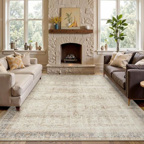 Collive Washable Area Rug 8x10, Neutral Boho Rugs for Living Room Rugs 8x10 Non Slip Farmhouse Modern Bedroom Carpet Stain Resistant Aesthetic Print Accent Floor Mat for Dining Guest Office - Tan in Saudi Arabia