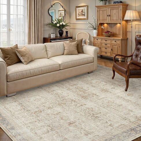 Collive Washable Area Rug 8x10, Neutral Boho Rugs for Living Room Rugs 8x10 Non Slip Farmhouse Modern Bedroom Carpet Stain Resistant Aesthetic Print Accent Floor Mat for Dining Guest Office - Tan in Saudi Arabia