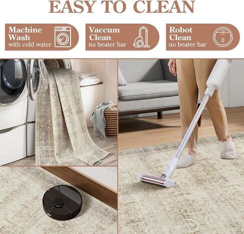 Collive Washable Area Rug 8x10, Neutral Boho Rugs for Living Room Rugs 8x10 Non Slip Farmhouse Modern Bedroom Carpet Stain Resistant Aesthetic Print Accent Floor Mat for Dining Guest Office - Tan in Saudi Arabia