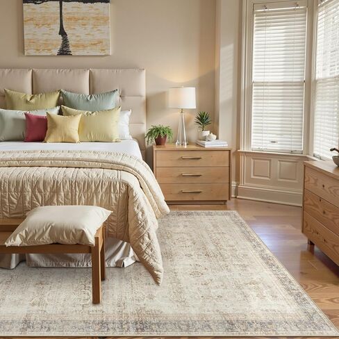 Collive Washable Area Rug 8x10, Neutral Boho Rugs for Living Room Rugs 8x10 Non Slip Farmhouse Modern Bedroom Carpet Stain Resistant Aesthetic Print Accent Floor Mat for Dining Guest Office - Tan in Saudi Arabia