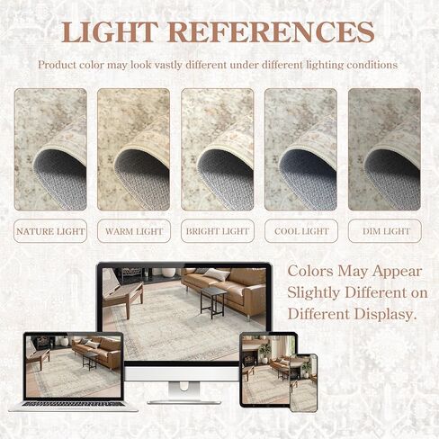 Collive Washable Area Rug 8x10, Neutral Boho Rugs for Living Room Rugs 8x10 Non Slip Farmhouse Modern Bedroom Carpet Stain Resistant Aesthetic Print Accent Floor Mat for Dining Guest Office - Tan in Saudi Arabia
