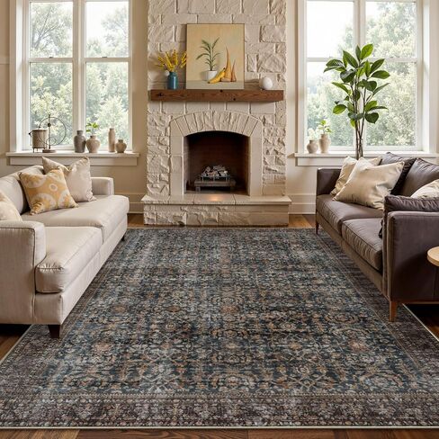 Collive Washable Area Rug 8x10, Neutral Boho Rugs for Living Room Rugs 8x10 Non Slip Farmhouse Modern Bedroom Carpet Stain Resistant Aesthetic Print Accent Floor Mat for Dining Guest Office - Tan in Kuwait
