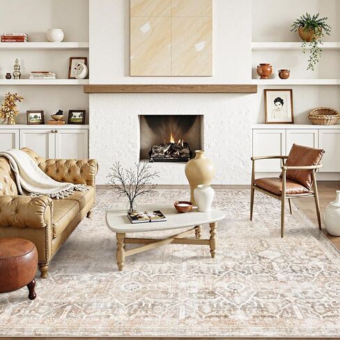 Collive Washable Area Rug 8x10, Neutral Boho Rugs for Living Room Rugs 8x10 Non Slip Farmhouse Modern Bedroom Carpet Stain Resistant Aesthetic Print Accent Floor Mat for Dining Guest Office - Tan in Saudi Arabia