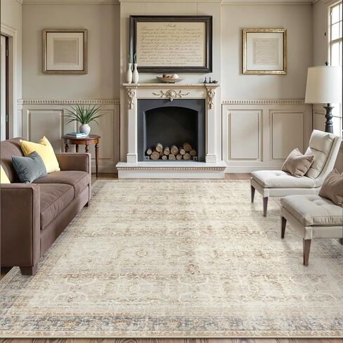 Collive Washable Area Rug 8x10, Neutral Boho Rugs for Living Room Rugs 8x10 Non Slip Farmhouse Modern Bedroom Carpet Stain Resistant Aesthetic Print Accent Floor Mat for Dining Guest Office - Tan in Saudi Arabia