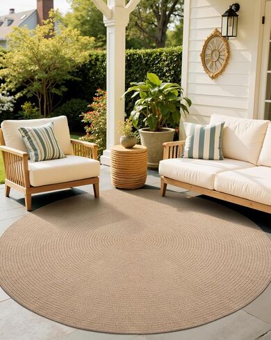 LUMI Jute Area Rug 4ft Round for Living Room, Natural Braided Woven Rugs Non Slip, Neutral Farmhouse Carpets No Shedding, Durable for High Traffic, Dining Room, Indoor, Outdoor, Patio in Kuwait