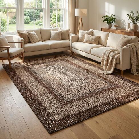 Braided Print Washable Rug 8x10 Area Rugs for Living Room Soft Bedroom Rug Stain-Resistant Rustic Foldable Mat Non Slip Low Pile Farmhouse Carpet for Dining Nursery Cottage Office Brown in Kuwait