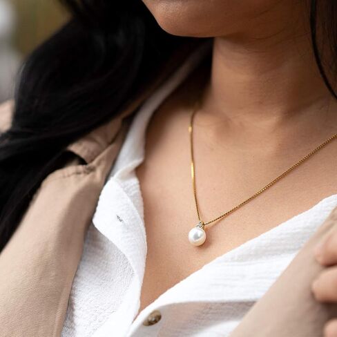 PEORA 14K Yellow Gold Freshwater Cultured White Pearl Pendant for Women, Round Button Shape, 10mm Heirloom Slider Solitaire, Dainty Pearl Necklaces, in Saudi Arabia