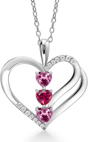 925 Sterling Silver Pink Tourmaline and Red Created Ruby and White Moissanite 3-Stone Pendant Necklace For Women (0.86 Cttw, Gemstone October Birthstone, Heart Shape 4MM, with 18 Inch Silver Chain) in Kuwait