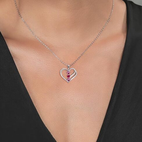 925 Sterling Silver Pink Tourmaline and Red Created Ruby and White Moissanite 3-Stone Pendant Necklace For Women (0.86 Cttw, Gemstone October Birthstone, Heart Shape 4MM, with 18 Inch Silver Chain) in Kuwait