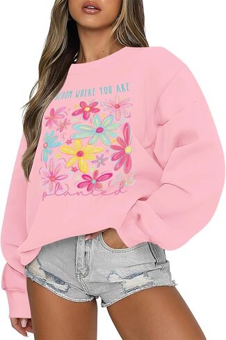 Womens Boho Flower Oversized Sweatshirt Inspirational Floral Graphic Pullover Mental Health Crewneck Long Sleeve Top in Kuwait