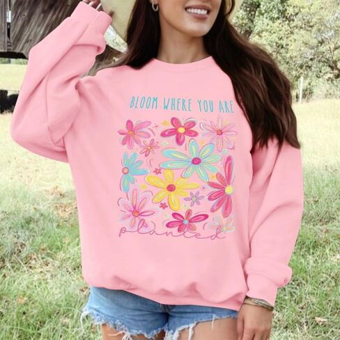 Womens Boho Flower Oversized Sweatshirt Inspirational Floral Graphic Pullover Mental Health Crewneck Long Sleeve Top in Saudi Arabia