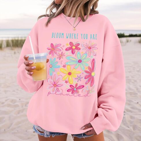 Womens Boho Flower Oversized Sweatshirt Inspirational Floral Graphic Pullover Mental Health Crewneck Long Sleeve Top in Saudi Arabia