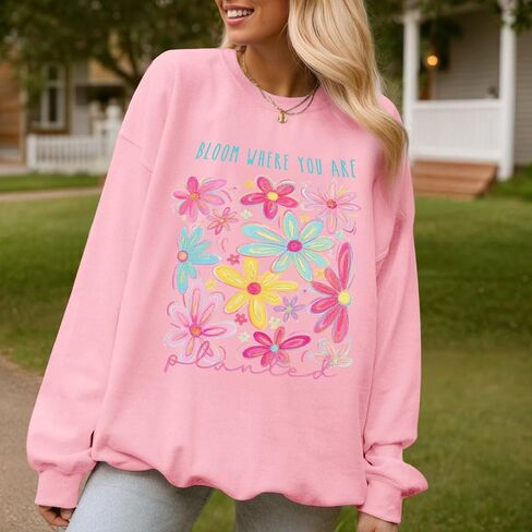 Womens Boho Flower Oversized Sweatshirt Inspirational Floral Graphic Pullover Mental Health Crewneck Long Sleeve Top in Saudi Arabia