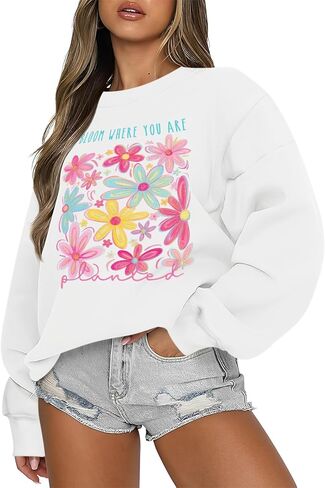 Womens Boho Flower Oversized Sweatshirt Inspirational Floral Graphic Pullover Mental Health Crewneck Long Sleeve Top in Saudi Arabia