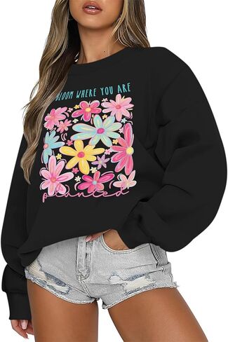 Womens Boho Flower Oversized Sweatshirt Inspirational Floral Graphic Pullover Mental Health Crewneck Long Sleeve Top in Saudi Arabia