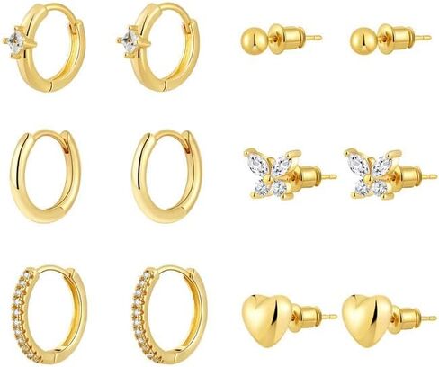 Plated Gold Surgical Steel Flat Back Stud Hoop Earrings Set for Multiple Piercing Sensitive Ears,Heart Butterfly Hypoallergenic Small Cartilage Huggie Hoop Earrings Tiny CZ Pearl Earrings Gifts 1 in Kuwait