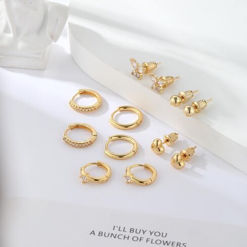 Plated Gold Surgical Steel Flat Back Stud Hoop Earrings Set for Multiple Piercing Sensitive Ears,Heart Butterfly Hypoallergenic Small Cartilage Huggie Hoop Earrings Tiny CZ Pearl Earrings Gifts 1 in Kuwait