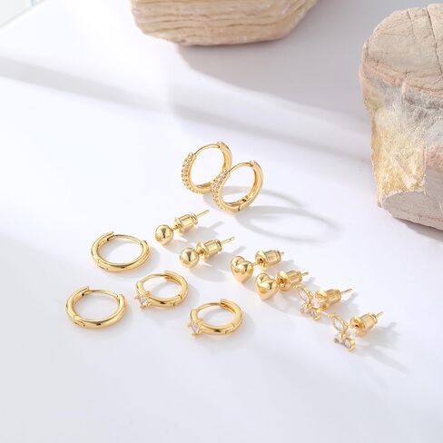 Plated Gold Surgical Steel Flat Back Stud Hoop Earrings Set for Multiple Piercing Sensitive Ears,Heart Butterfly Hypoallergenic Small Cartilage Huggie Hoop Earrings Tiny CZ Pearl Earrings Gifts 1 in Kuwait