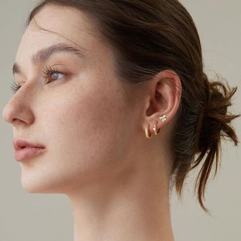 Plated Gold Surgical Steel Flat Back Stud Hoop Earrings Set for Multiple Piercing Sensitive Ears,Heart Butterfly Hypoallergenic Small Cartilage Huggie Hoop Earrings Tiny CZ Pearl Earrings Gifts 1 in Kuwait