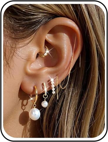 5 Pairs Pearl Huggie Earrings Stacks for Women Gold Dangle Stackable Hoop Earrings Dainty Tassel Chain Multiple Double Piercing Stack Set Statement Jewelry in Saudi Arabia