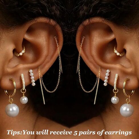 5 Pairs Pearl Huggie Earrings Stacks for Women Gold Dangle Stackable Hoop Earrings Dainty Tassel Chain Multiple Double Piercing Stack Set Statement Jewelry in Saudi Arabia