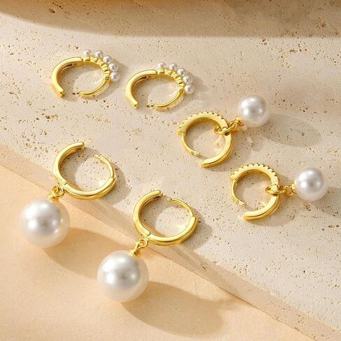 5 Pairs Pearl Huggie Earrings Stacks for Women Gold Dangle Stackable Hoop Earrings Dainty Tassel Chain Multiple Double Piercing Stack Set Statement Jewelry in Saudi Arabia