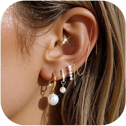 5 Pairs Pearl Huggie Earrings Stacks for Women Gold Dangle Stackable Hoop Earrings Dainty Tassel Chain Multiple Double Piercing Stack Set Statement Jewelry in Saudi Arabia