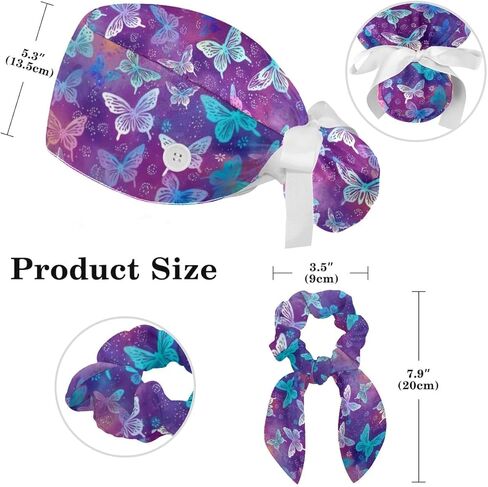 Scrub Caps Women, Surgical Caps with Buttons, Ponytail Nurse Hat, Bouffant Scrub Hats with Hair Scrunchy Adjustable, Butterfly Cartoon Purple and Blue Vintage Retro Cute in Kuwait