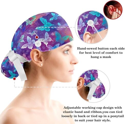 Scrub Caps Women, Surgical Caps with Buttons, Ponytail Nurse Hat, Bouffant Scrub Hats with Hair Scrunchy Adjustable, Butterfly Cartoon Purple and Blue Vintage Retro Cute in Kuwait