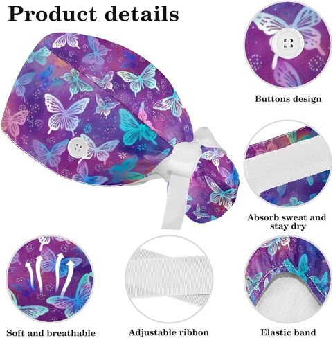 Scrub Caps Women, Surgical Caps with Buttons, Ponytail Nurse Hat, Bouffant Scrub Hats with Hair Scrunchy Adjustable, Butterfly Cartoon Purple and Blue Vintage Retro Cute in Kuwait