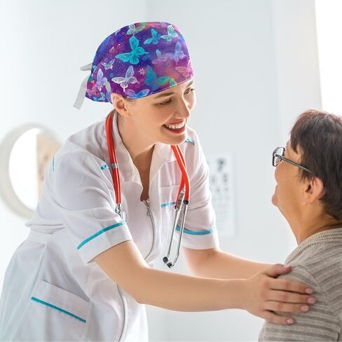 Scrub Caps Women, Surgical Caps with Buttons, Ponytail Nurse Hat, Bouffant Scrub Hats with Hair Scrunchy Adjustable, Butterfly Cartoon Purple and Blue Vintage Retro Cute in Kuwait