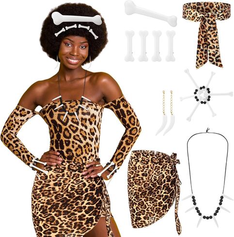 10 Pcs Halloween Caveman Costume Set Leopard Headband Sarong Wrap Skirt Jungle Bone Necklace Caveman Tooth Bone Bracelet Stone Era Teeth Earrings Hair Clips for Halloween Cavewoman Cosplay in Saudi Arabia