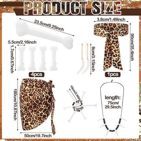 10 Pcs Halloween Caveman Costume Set Leopard Headband Sarong Wrap Skirt Jungle Bone Necklace Caveman Tooth Bone Bracelet Stone Era Teeth Earrings Hair Clips for Halloween Cavewoman Cosplay in Saudi Arabia