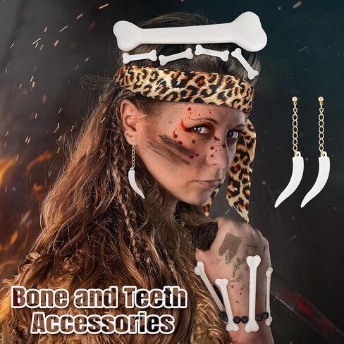 10 Pcs Halloween Caveman Costume Set Leopard Headband Sarong Wrap Skirt Jungle Bone Necklace Caveman Tooth Bone Bracelet Stone Era Teeth Earrings Hair Clips for Halloween Cavewoman Cosplay in Saudi Arabia