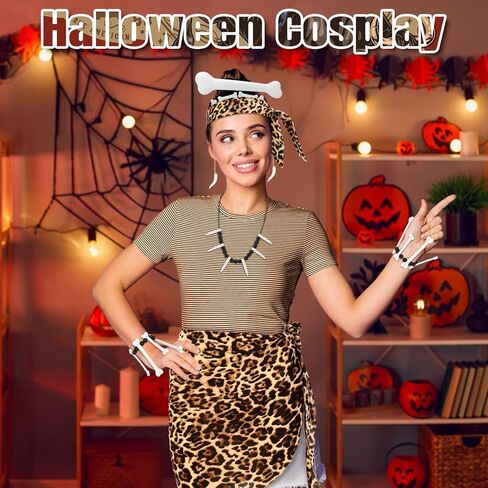 10 Pcs Halloween Caveman Costume Set Leopard Headband Sarong Wrap Skirt Jungle Bone Necklace Caveman Tooth Bone Bracelet Stone Era Teeth Earrings Hair Clips for Halloween Cavewoman Cosplay in Saudi Arabia