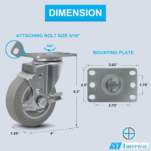 عجلات SY America مقاس 4 بوصات، عجلات صناعية، مجموعة عجلات شديدة التحمل مكونة من 4 عجلات من المطاط اللدن بالحرارة لا تحمل علامات للعربة والأثاث ومنضدة العمل، 2 فرامل و2 صلبة، سعة 1200 رطل in Kuwait