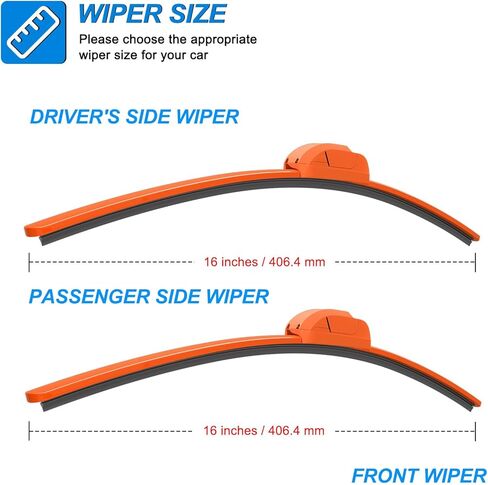 مساحات الزجاج الأمامي CJPPPZIW® - 16 بوصة + 16 بوصة بديلة لـ 2018-2024 Jeep Wrangler/2020-2025 Gladiator، خالية من الخطوط، شفرات ممسحة أمامية برتقالية عالية الجودة لجميع المواسم (مجموعة من 2) in Kuwait