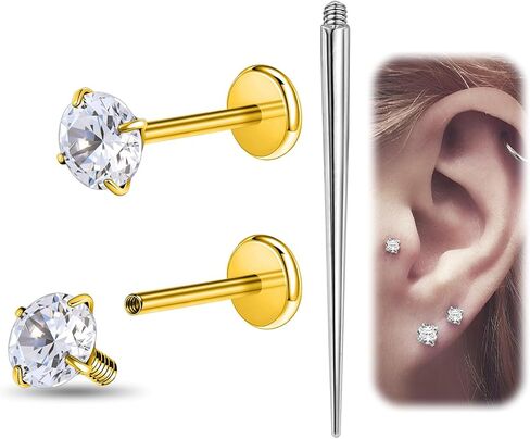 PunkTracker 16G/18G Flat Back Earrings Stud G23 Titanium Internal Thread Tragus Labret Cartilage Lip Medusa Conch Piercing Jewelry Cartilage Earring for Women Men 3PCS in Saudi Arabia