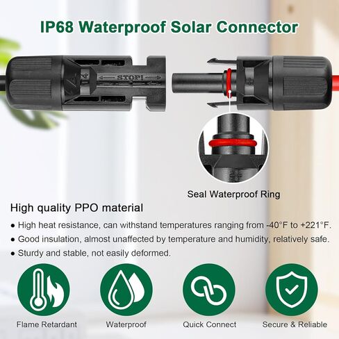 كابل شمسي 10AWG - سلك تمديد للوحة الشمسية بطول 50 قدمًا، سلك PV 10 قياسات مع غطاء حماية مثبطات اللهب موصل مقاوم للماء للإناث والذكور للمركبات الترفيهية والأنظمة الكهروضوئية والألواح الشمسية (50 قدمًا) in Kuwait