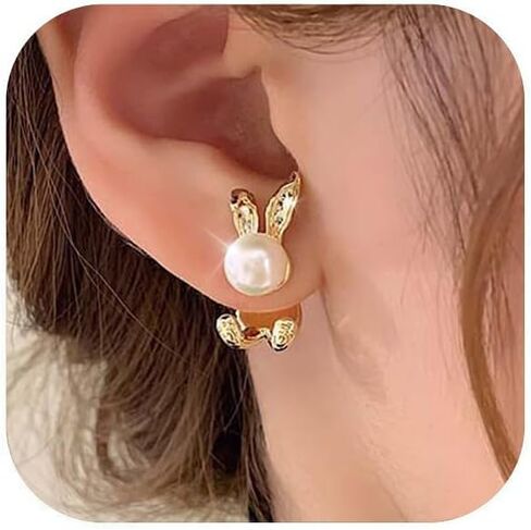 Easter Bunny Earrings for Women 14K Gold and Silver Cute Pearl Rabbit Ear Jacket Earrings for Women Party Jewelry in Kuwait