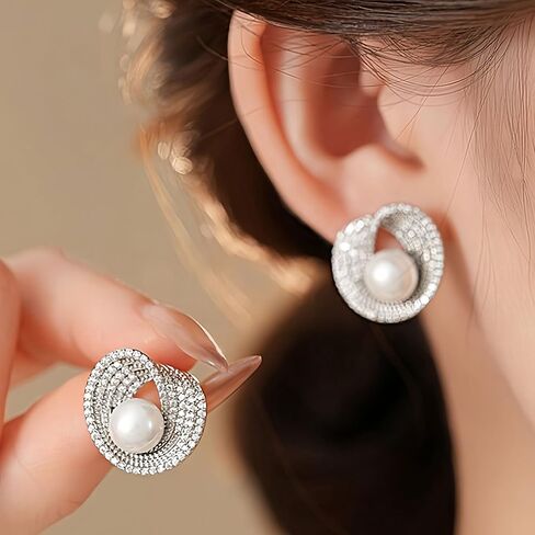 Big Pearl Earrings for Women Vintage Diamond Earrings Love Knot Design Pearl Jewelry for Daily Elegant Wear in Kuwait